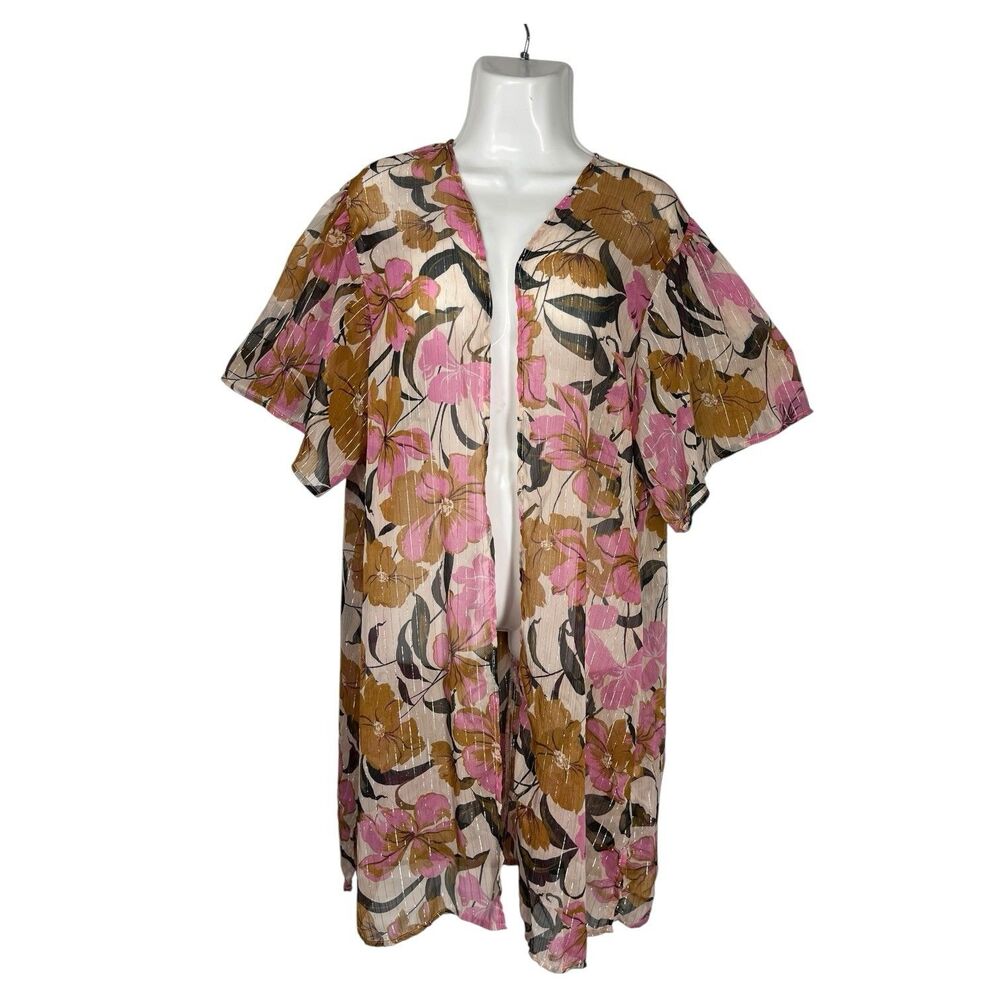 Maurices Floral Duster Kimono Large Pink Gold Sheer Open Front Festival Beach